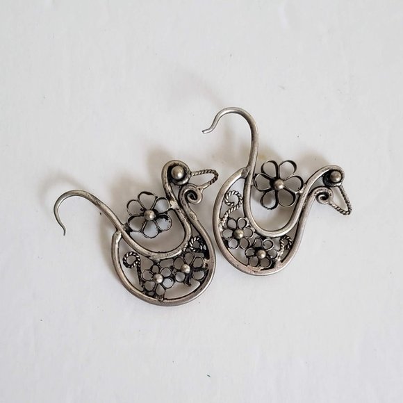 Large MIAO Silver BIRD EARRINGS Hmong Hoop Tribal Rustic Boho Gypsy Handmade - Picture 7 of 9